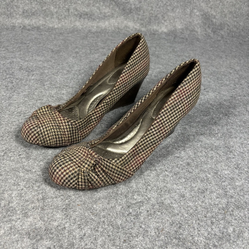 Dexflex Comfort Houndstooth Wedge Pumps 8.5 Brown Plaid Fabric Knotted Toe